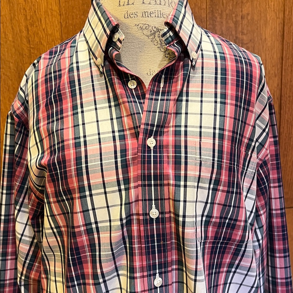 Brooks Brothers Blue White Plaid Button-Down Shirt Men’s Medium non-iron cotton
